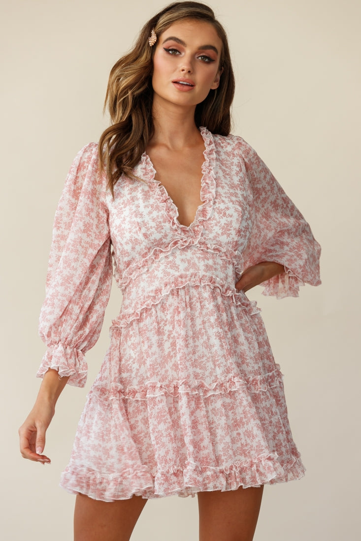 Laney Cutout Back Ruffle Trim Dress Floral Print Blush