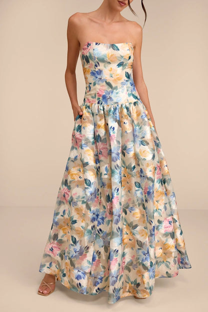 Mikayla Beige Multi Floral Jacquard Maxi Dress