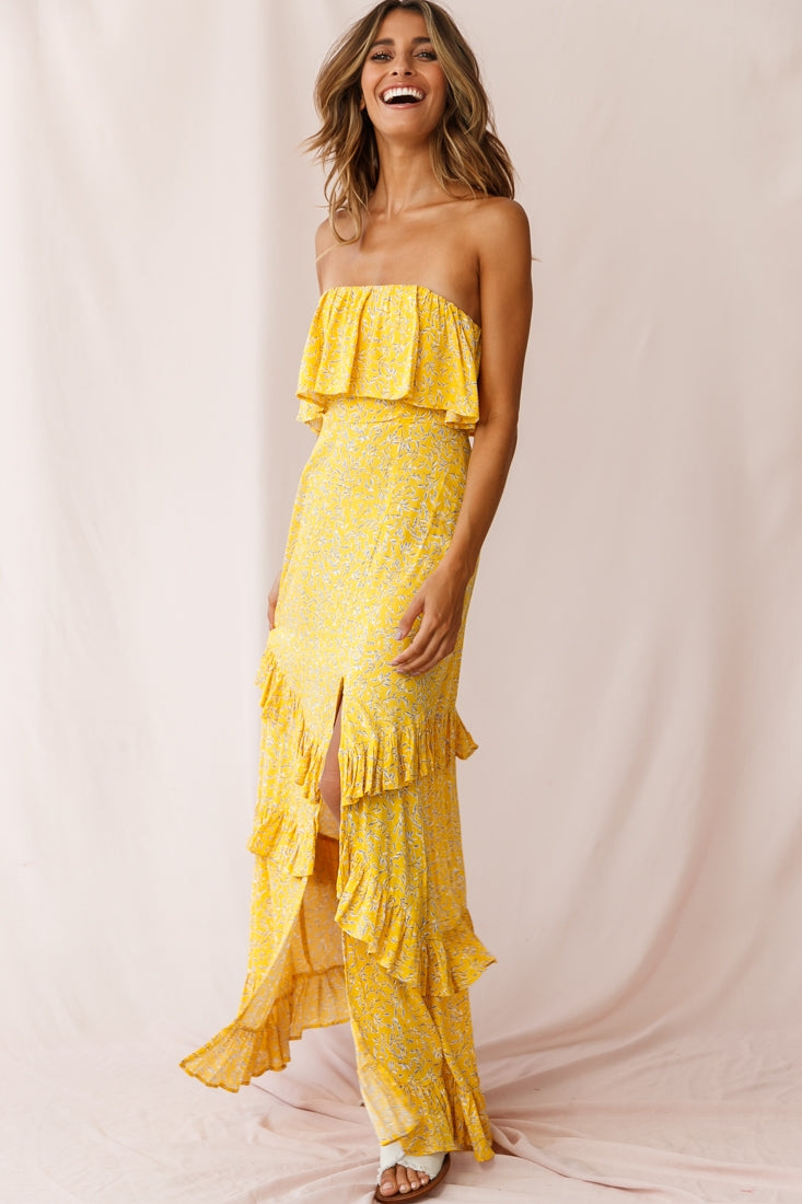 Kiya Layered Bandeau Maxi Dress Leaf Print Mustard