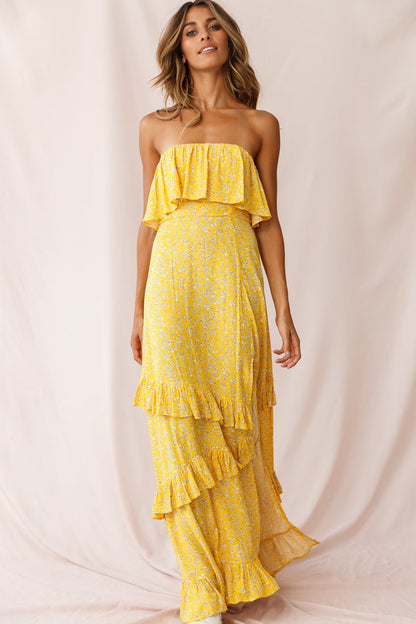 Kiya Layered Bandeau Maxi Dress Leaf Print Mustard