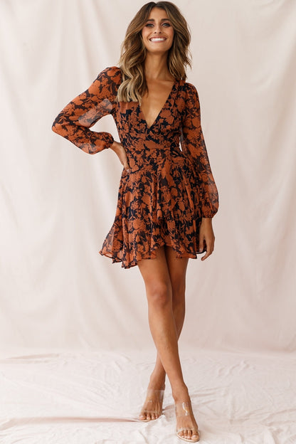 Wisteria Lane Long Sleeve Tea Dress Floral Print Navy