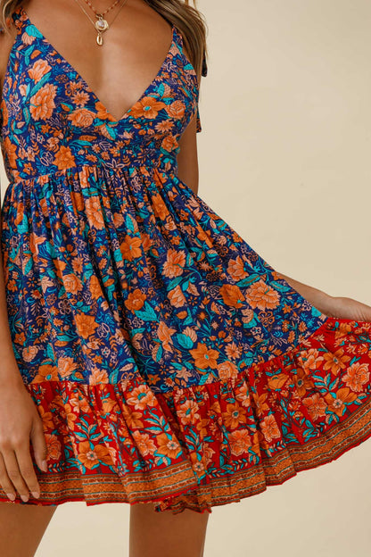 Go Get It Tied Shoulder Sun Dress Floral Print Navy