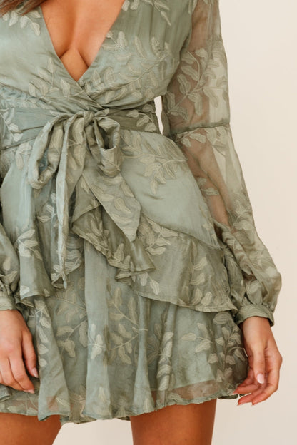Kerry Layered Balloon Sleeve Dress Floral Embroidered Olive
