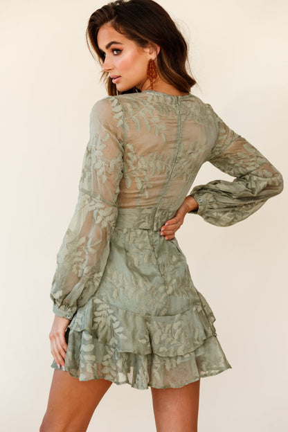 Kerry Layered Balloon Sleeve Dress Floral Embroidered Olive