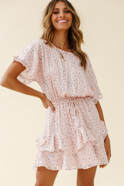 Mollina Frill Sleeve Layered Hem Dress Spot Print Blush