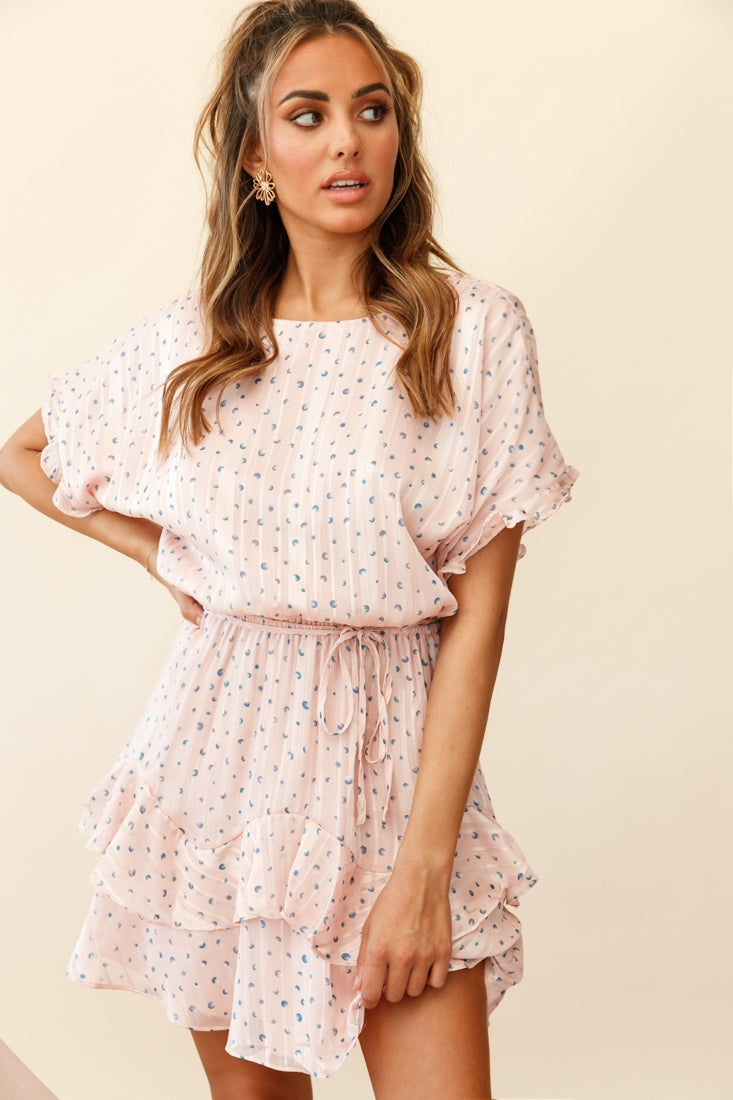 Mollina Frill Sleeve Layered Hem Dress Spot Print Blush