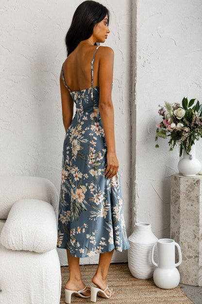 Suki Front Split Midi Dress Tropical Floral Print Navy