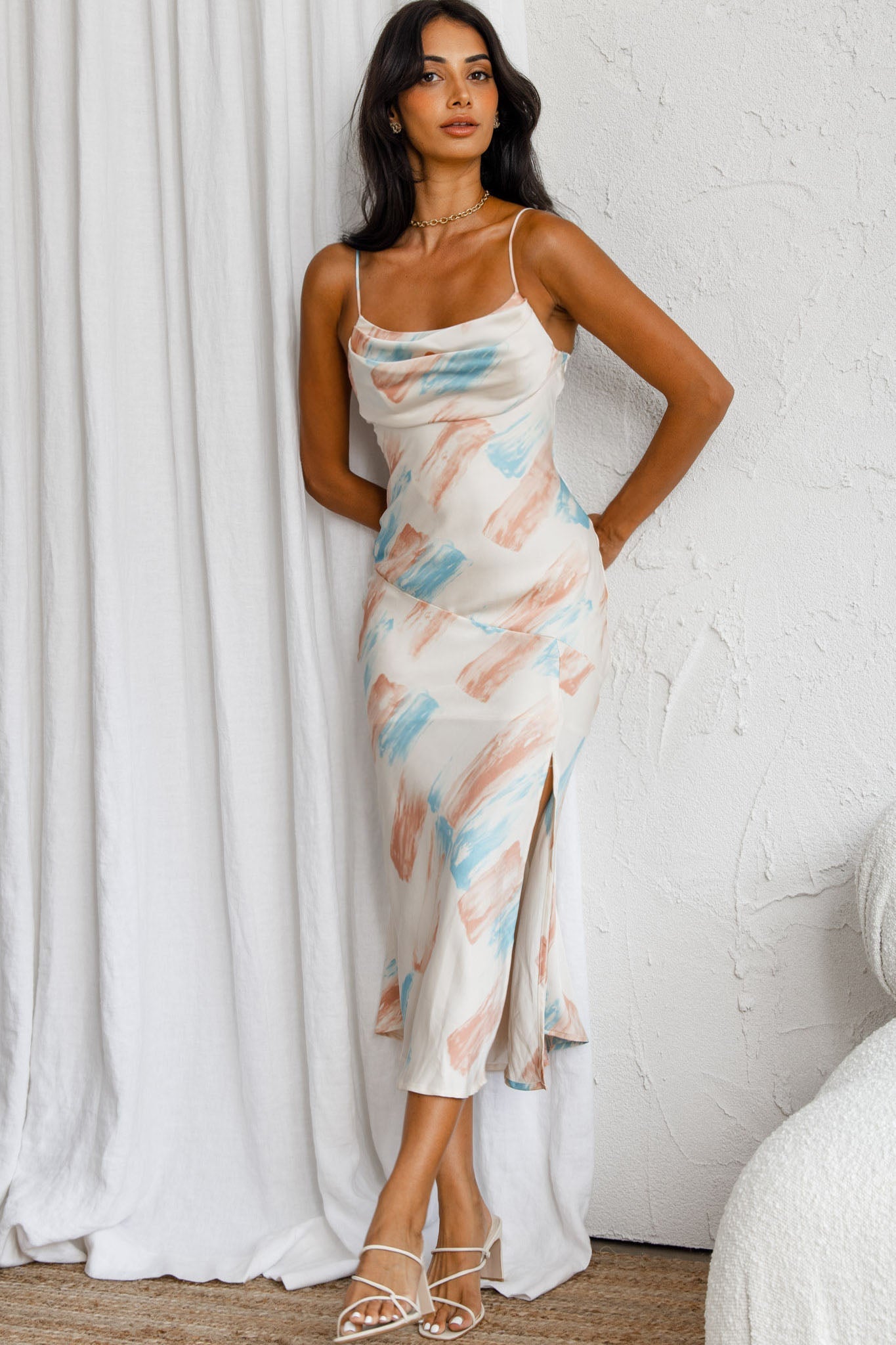 Well Versed Pleated Bust Front Split Dress Paint Print Pink/Aqua