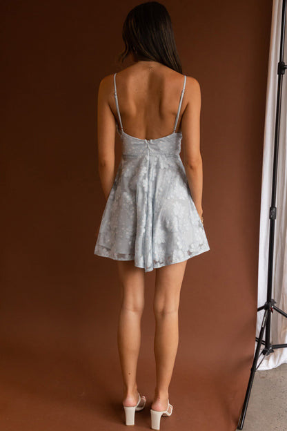 Marbella Floral Embroidered Mesh Scoop Neck Mini Dress Steel Blue