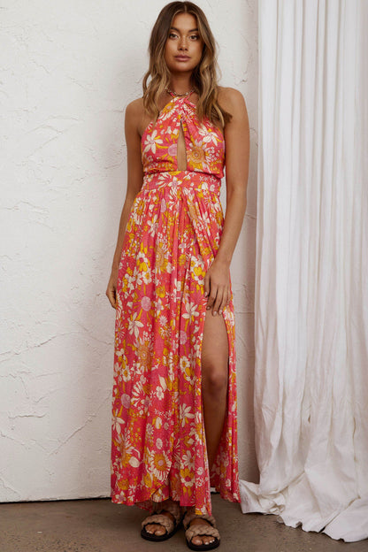 Athena High Split Maxi Dress Retro Floral Orange