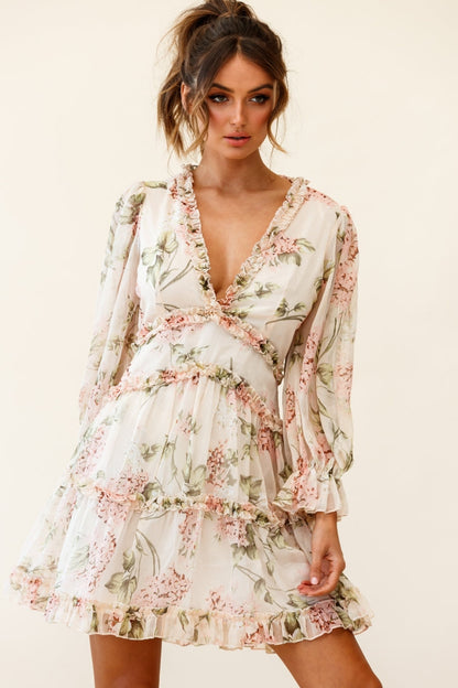 Laney Cutout Back Ruffle Trim Dress Hydrangea Print Nude
