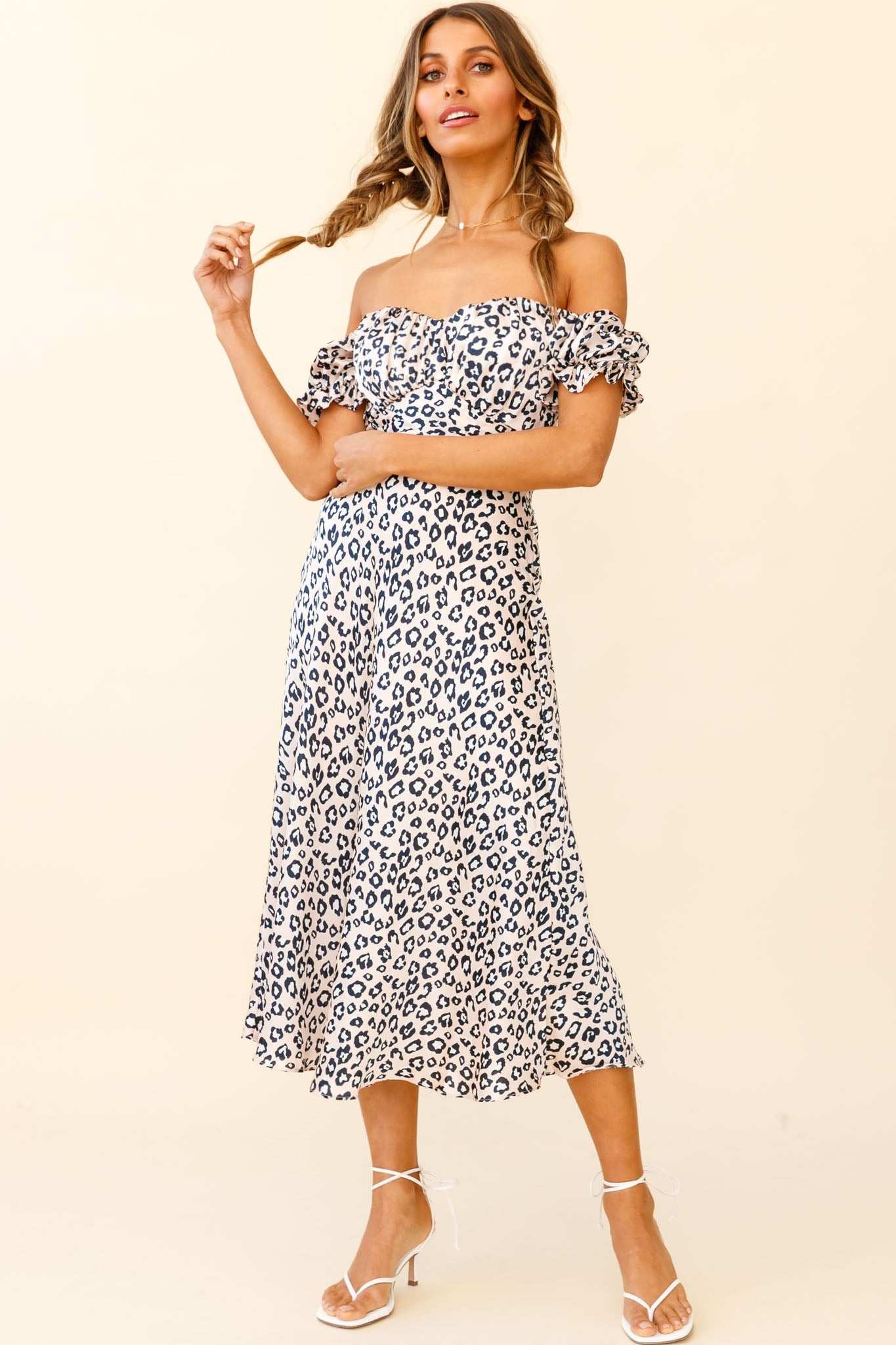 Linka Off-Shoulder Tie Back Midi Dress Leopard Print Pink