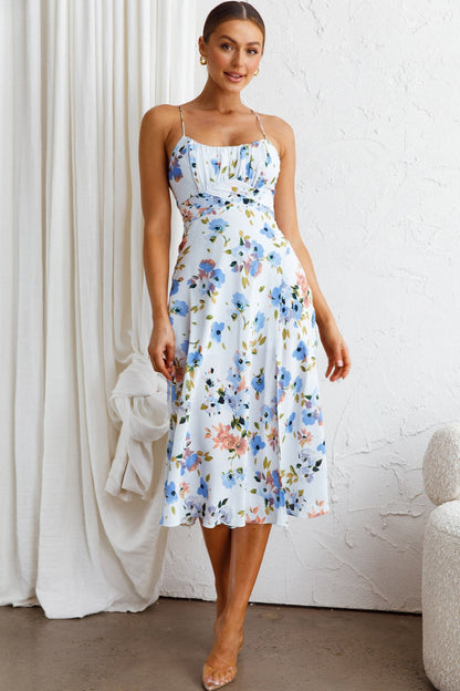 Linka Cami Strap Split Midi Dress Floral Blue