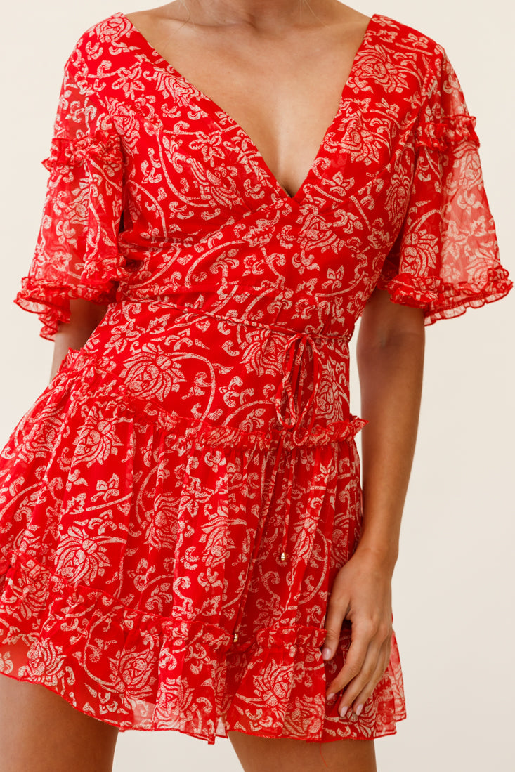 Psalm Angel Sleeve Frill Dress Floral Stencil Print Red