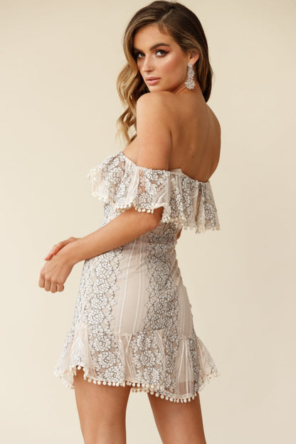 Marmont Off Shoulder Floral Lace Detail Dress Nude