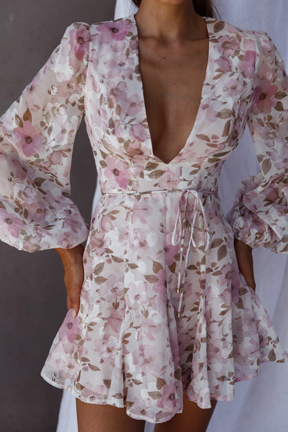 Estelle Long Sleeve V-Neckline Dress Watercolor Floral Print Rose