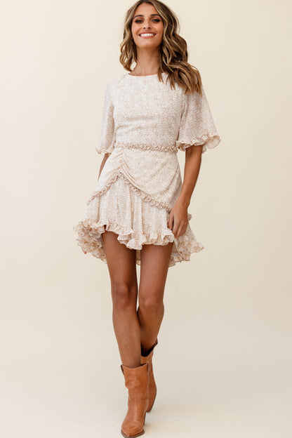 Leona Half Sleeve Frill Trim Dress Floral Print Beige