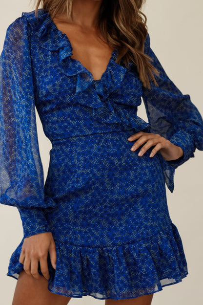 Regina Long Sleeve Ruffle Neckline Dress Flower Print Royal Blue