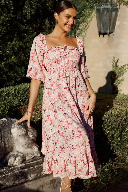 Flynn Balloon Sleeve Shirred Midi Dress Floral Pink