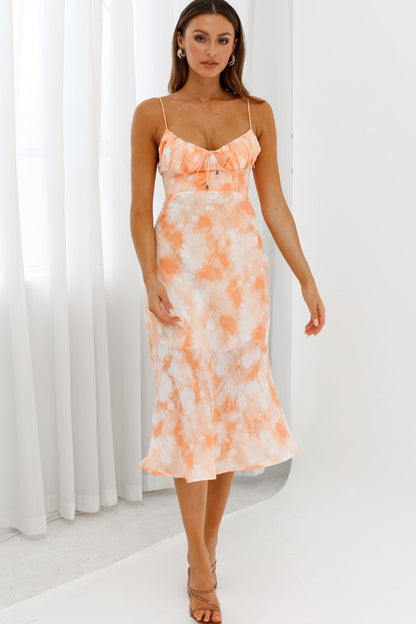 Malibu Gathered Bust Cami Strap Midi Dress Tie-Dye Orange