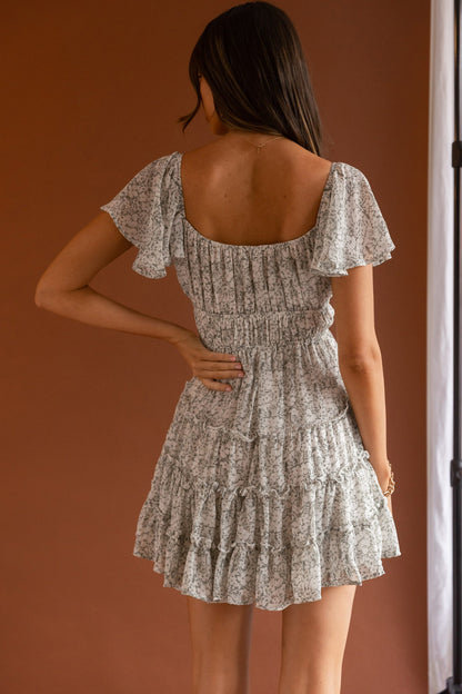 Josephina Lace-Up Front Flutter Sleeve Dress Floral Print Sage