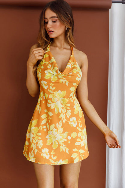 Champagne Showers Halterneck Slip Mini Dress Watercolor Floral Print Yellow