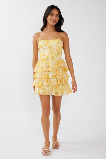 Lauran Tied Back Frill Dress Floral Yellow