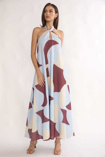 Mireille Backless Halter Maxi Dress Print Chocolate