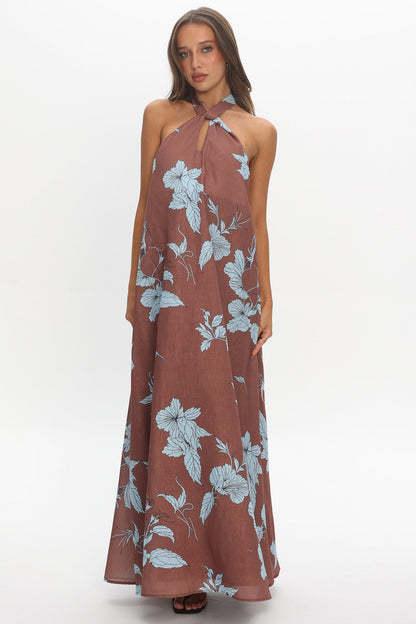 Cheer Backless Halter Maxi Dress Print Floral Chocolate