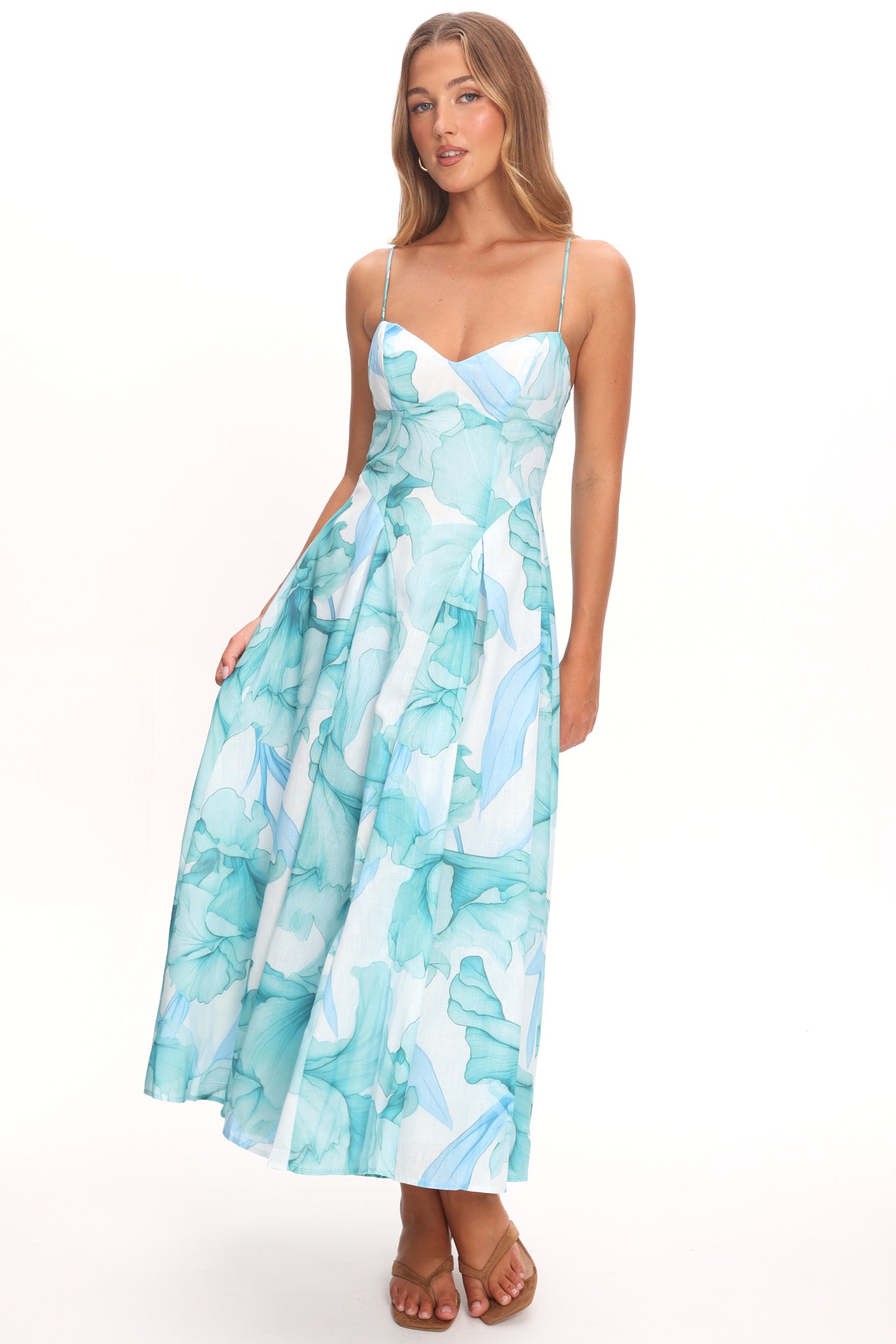 Get My Attention Pleat Waist Maxi Dress Watercolor Green