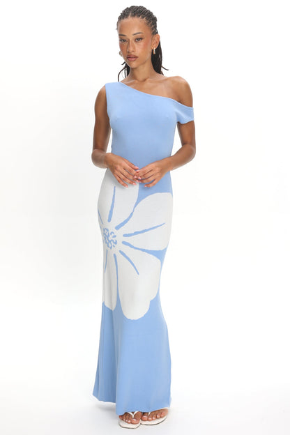 Wildflower Sun Asymmetric Neckline Knit Dress Flower Blue