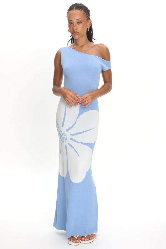 Wildflower Sun Asymmetric Neckline Knit Dress Flower Blue