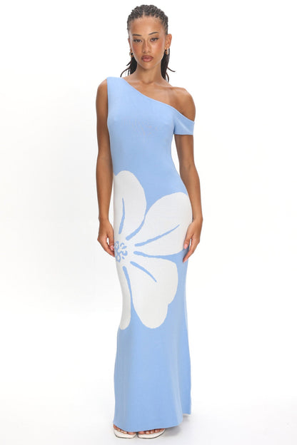 Wildflower Sun Asymmetric Neckline Knit Dress Flower Blue