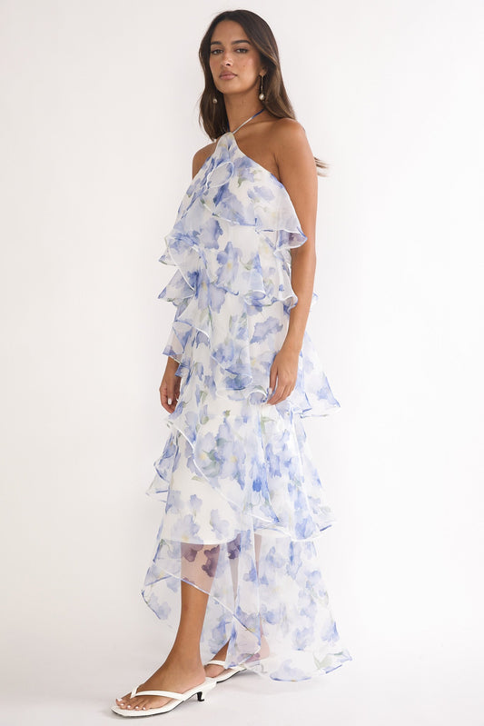 Darylyn Tiered Ruffle Maxi Dress Floral Blue
