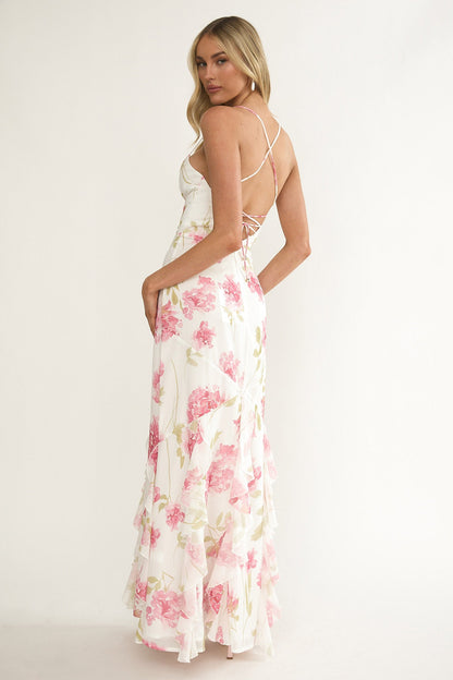 Charlisa Strappy Back Ruffle Maxi Dress Flowers White