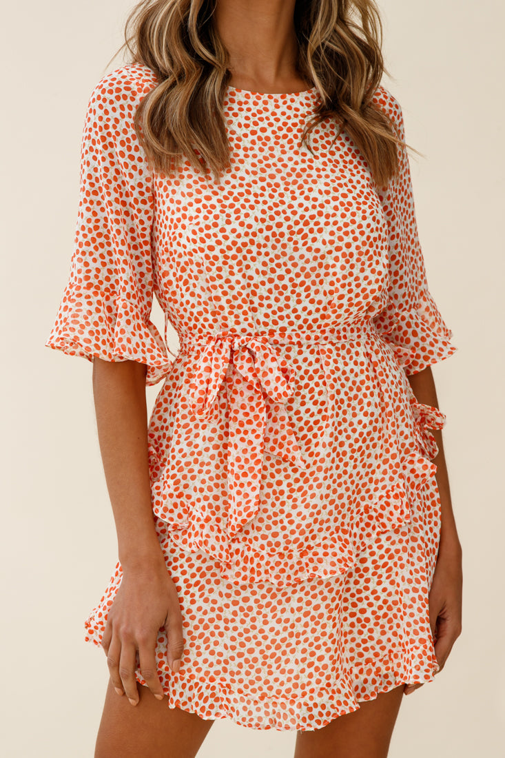 Wife Me Crew Neck Ruffle Insert Dress Polka Dot Orange