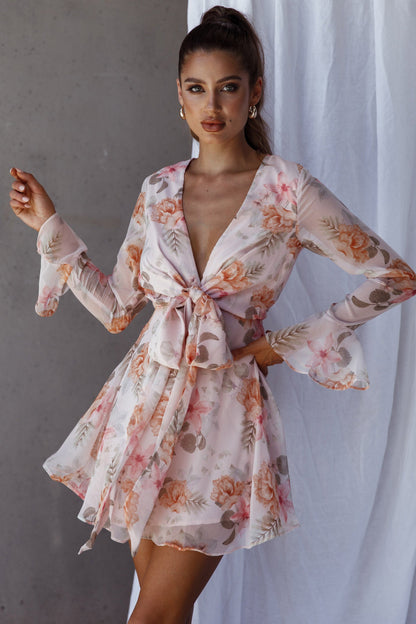 Unconditional Tied Front Dress Floral Blush