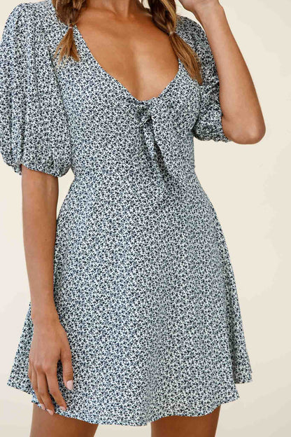 Portia Tied Bust Puff Sleeve Dress Floral Print White