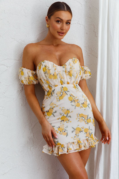 Verona Off-Shoulder Gathered Mini Dress Floral Yellow