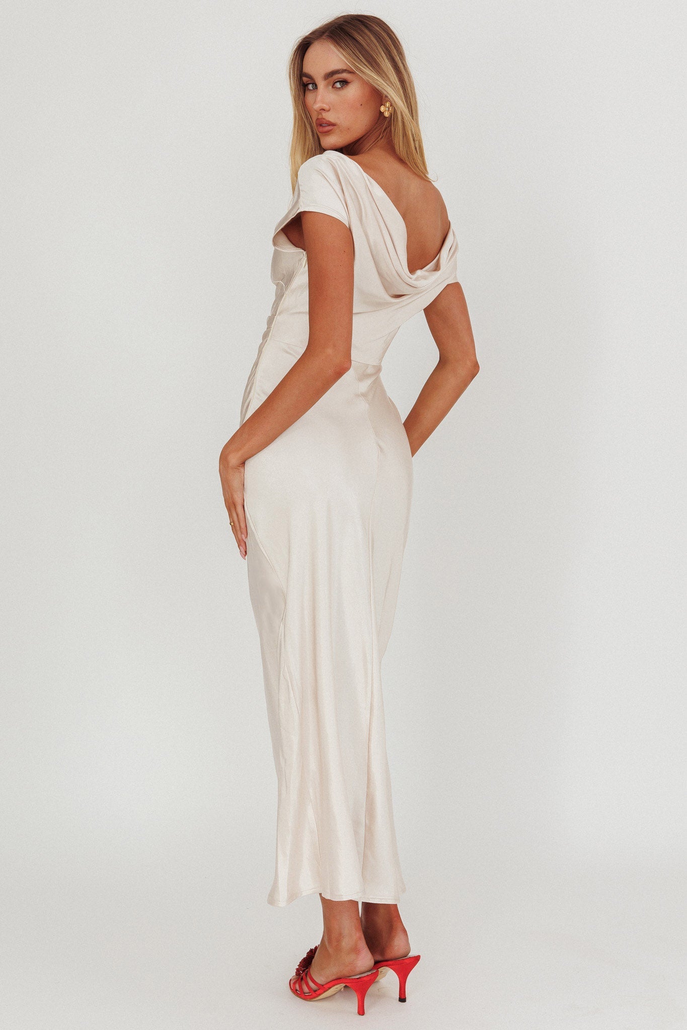 Loveland Cap Sleeve Cowl Back Midi Dress Champagne