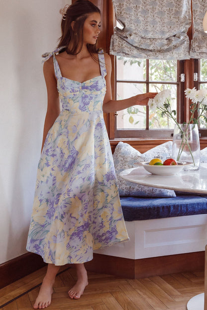 Sweet Pea Tied Shoulder Midi Dress Floral Purple