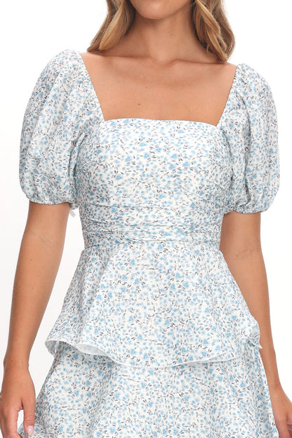Giavana Puff Sleeve Layered Maxi Dress Floral Blue