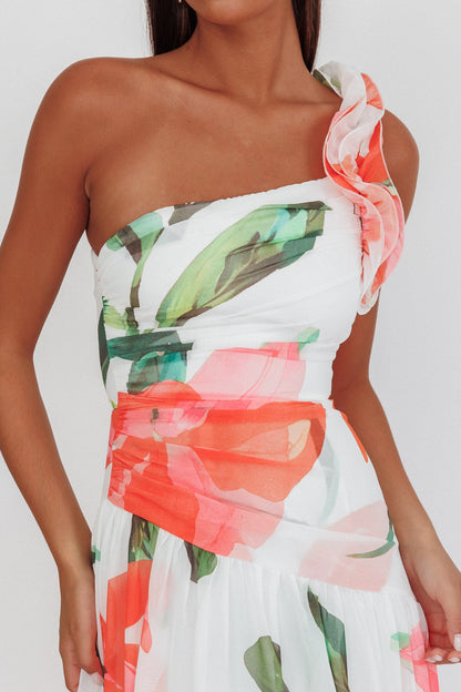 Kinley One-Shoulder Ruffle Maxi Dress Floral Red