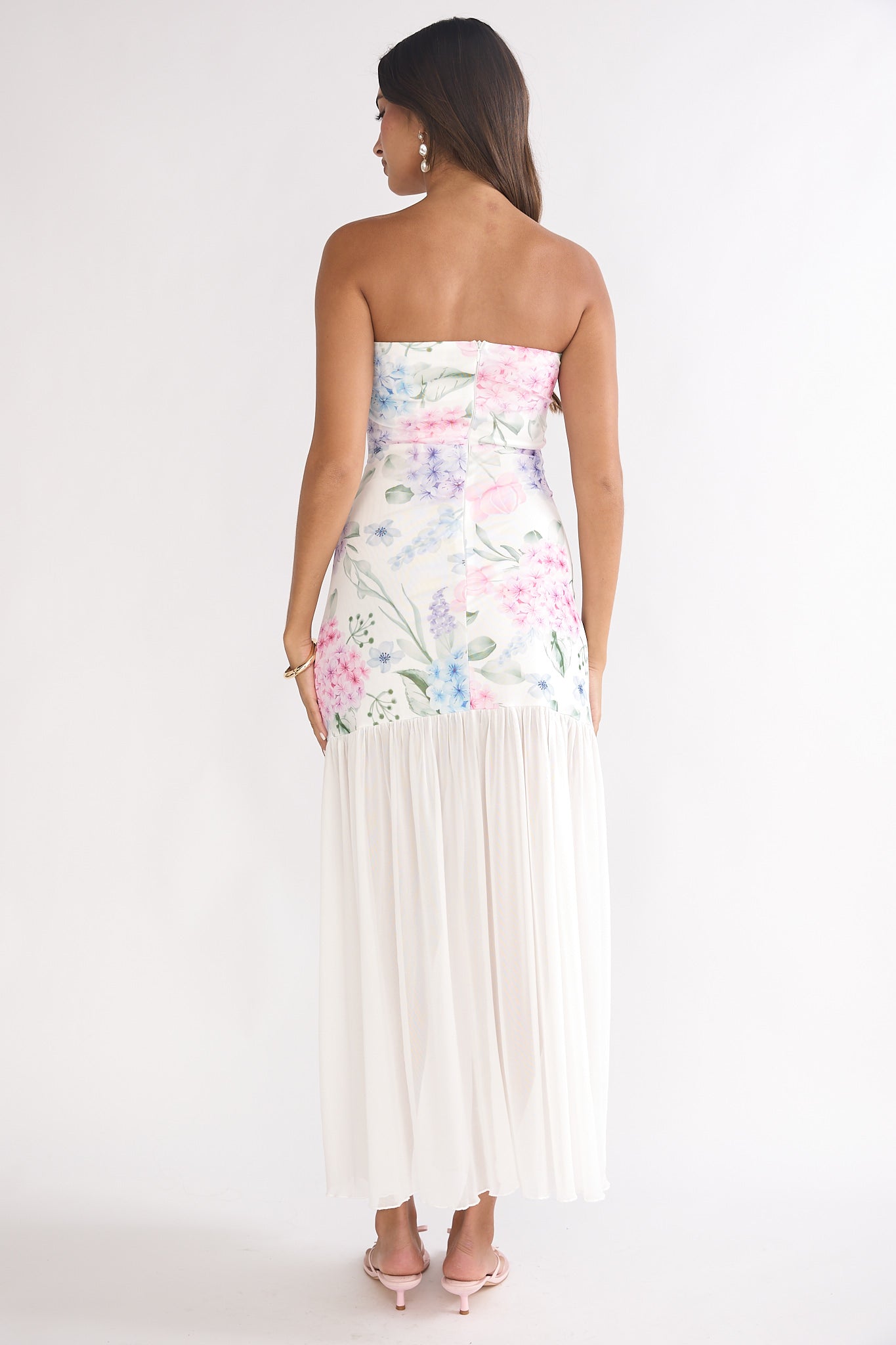 Wilma Sheer Hem Strapless Maxi Dress Flowers Blue