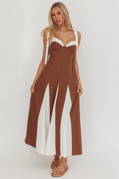 Marisa Tied Shoulder Godet Hem Maxi Dress Contrast Chocolate