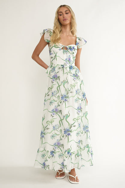 Hanalei Off-Shoulder Tied Bust Maxi Dress Floral White