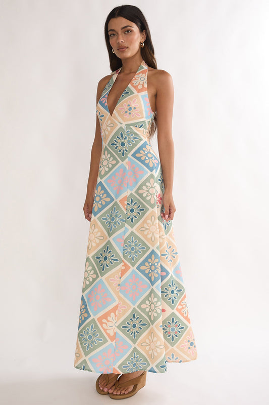 Nolara A-Line Halterneck Maxi Dress Green Multi
