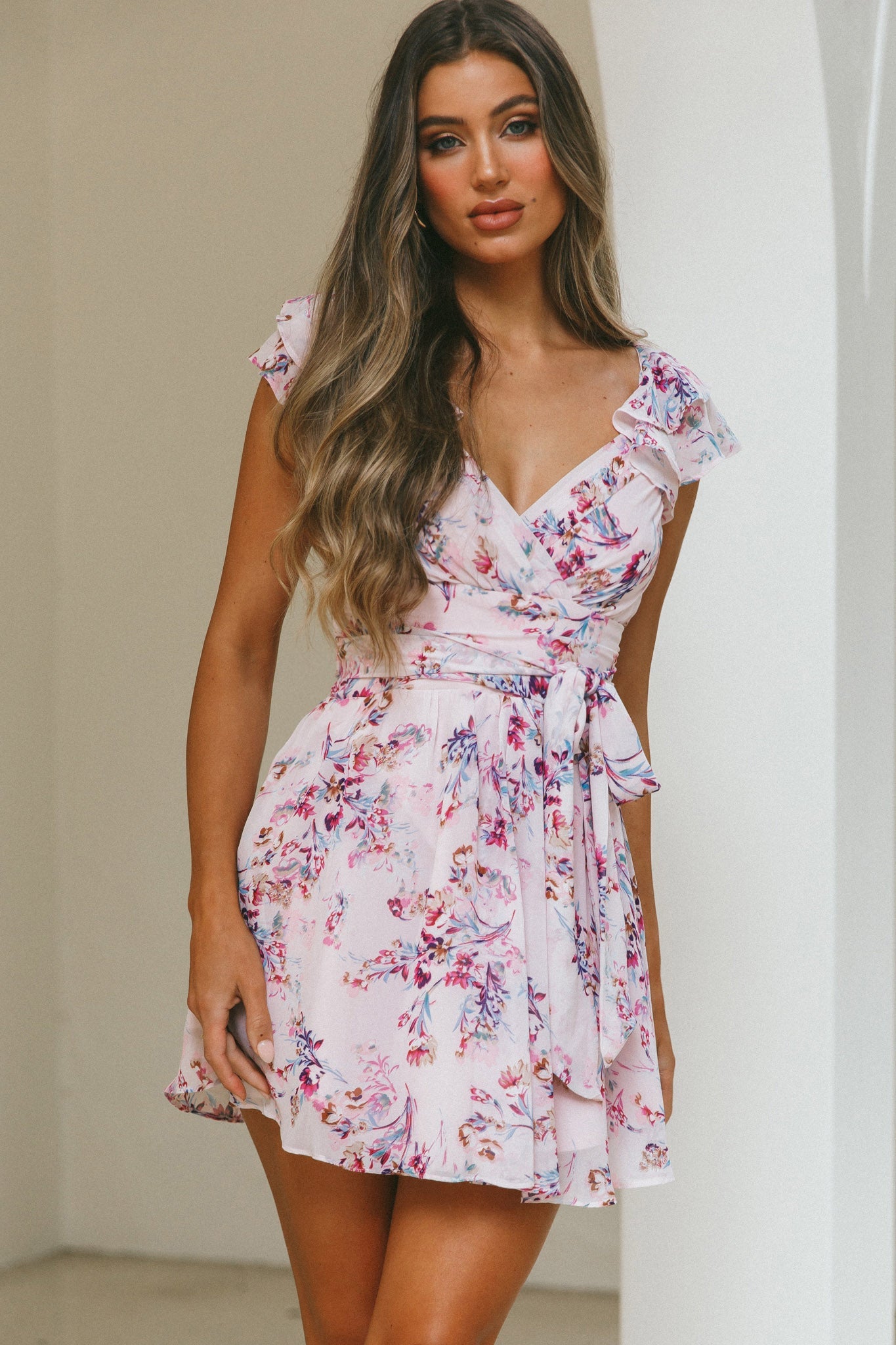 Lola Ruffle Shoulder Ruched Dress Floral Print Pink