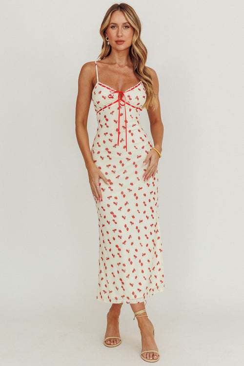 Heart Ablaze Strawberry Cherry Print Midi Dress Cream