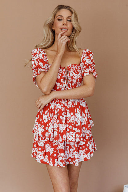 Buongiorno Bella Shirred Lace Up Mini Dress Floral Red